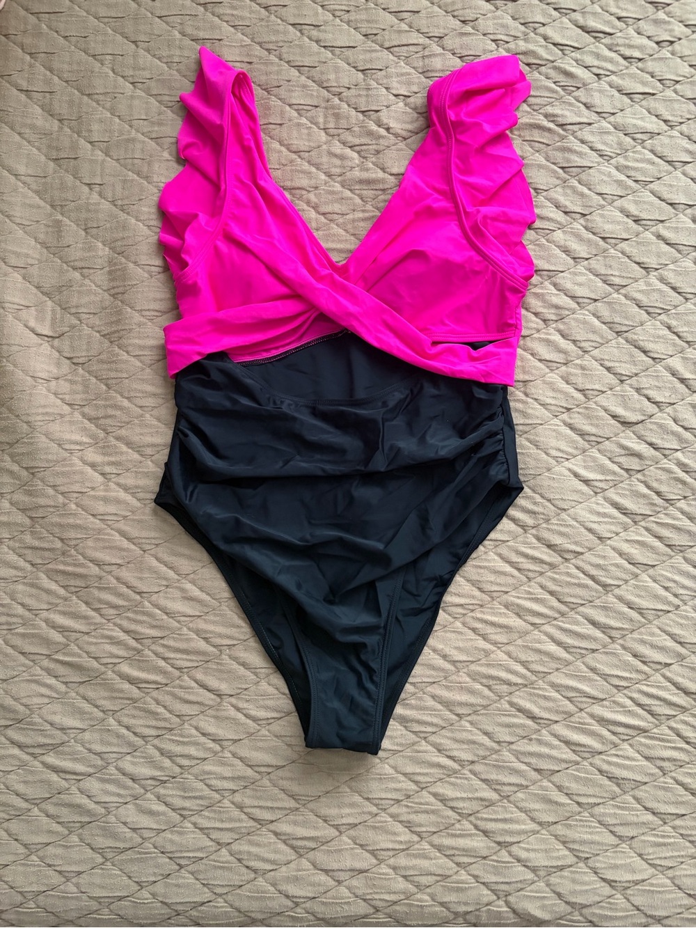 Women’s Pink and Black One-Piece Swimsuit with Ruffle Straps NWOT never worn